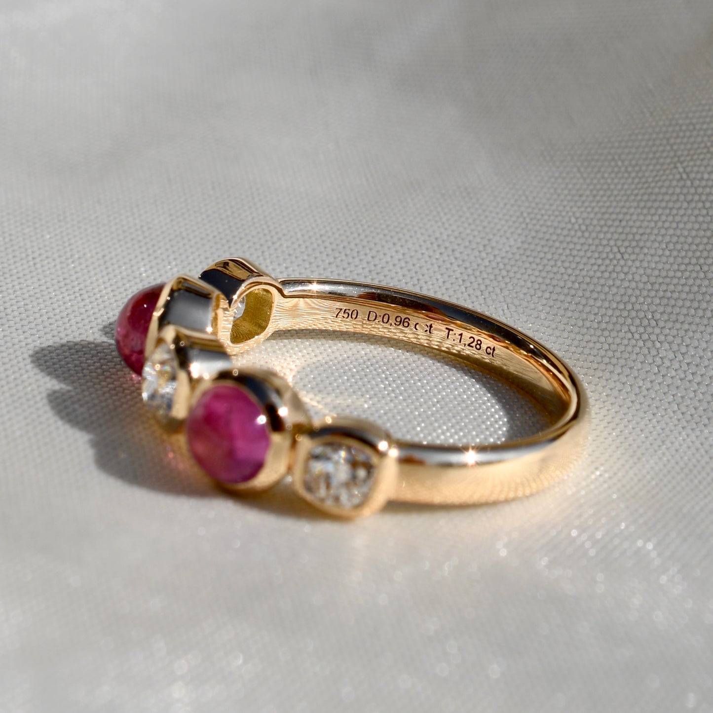 0.96 ct old mine cut diamond and tourmaline five stone ring