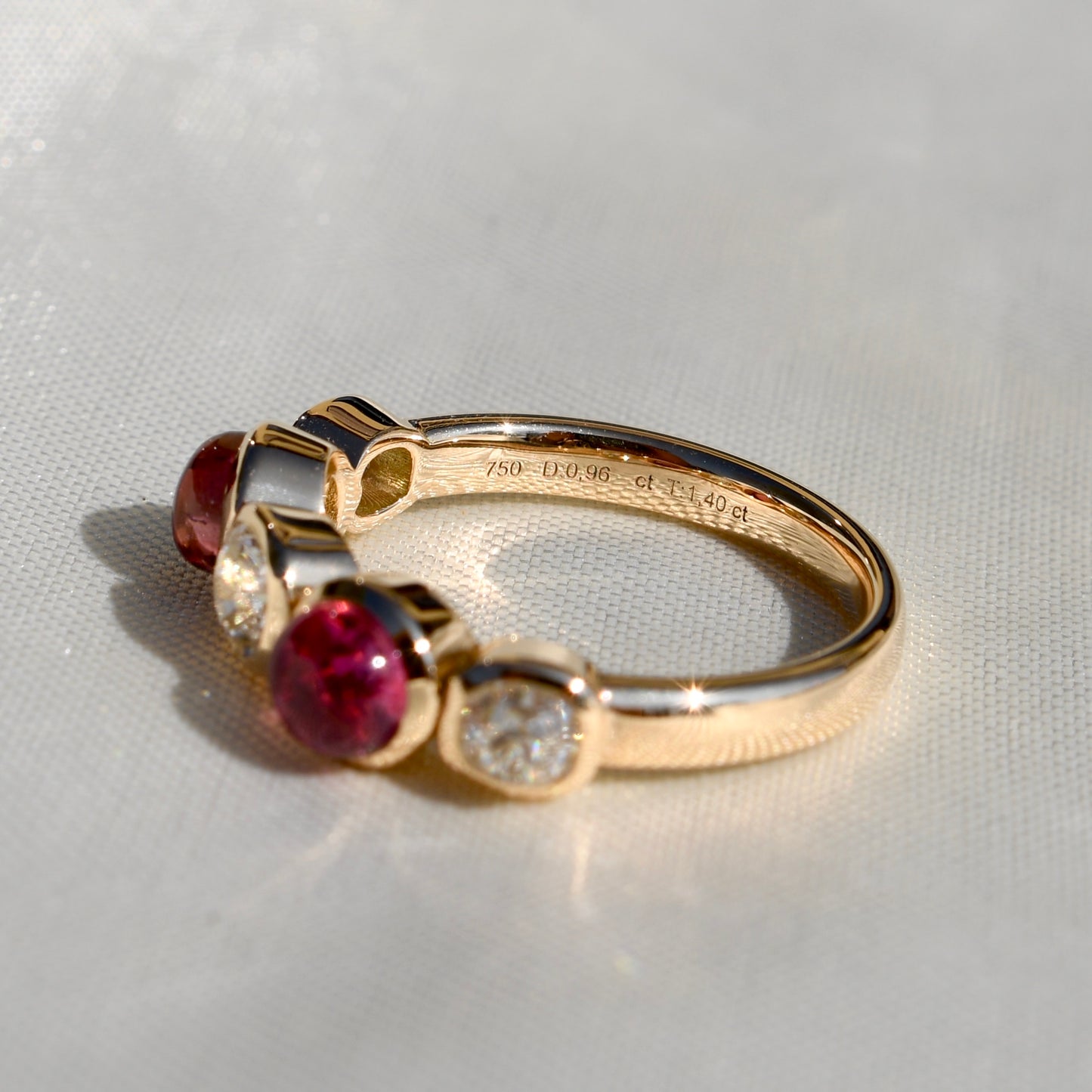 0.96 ct old mine cut diamond and tourmaline five stone ring