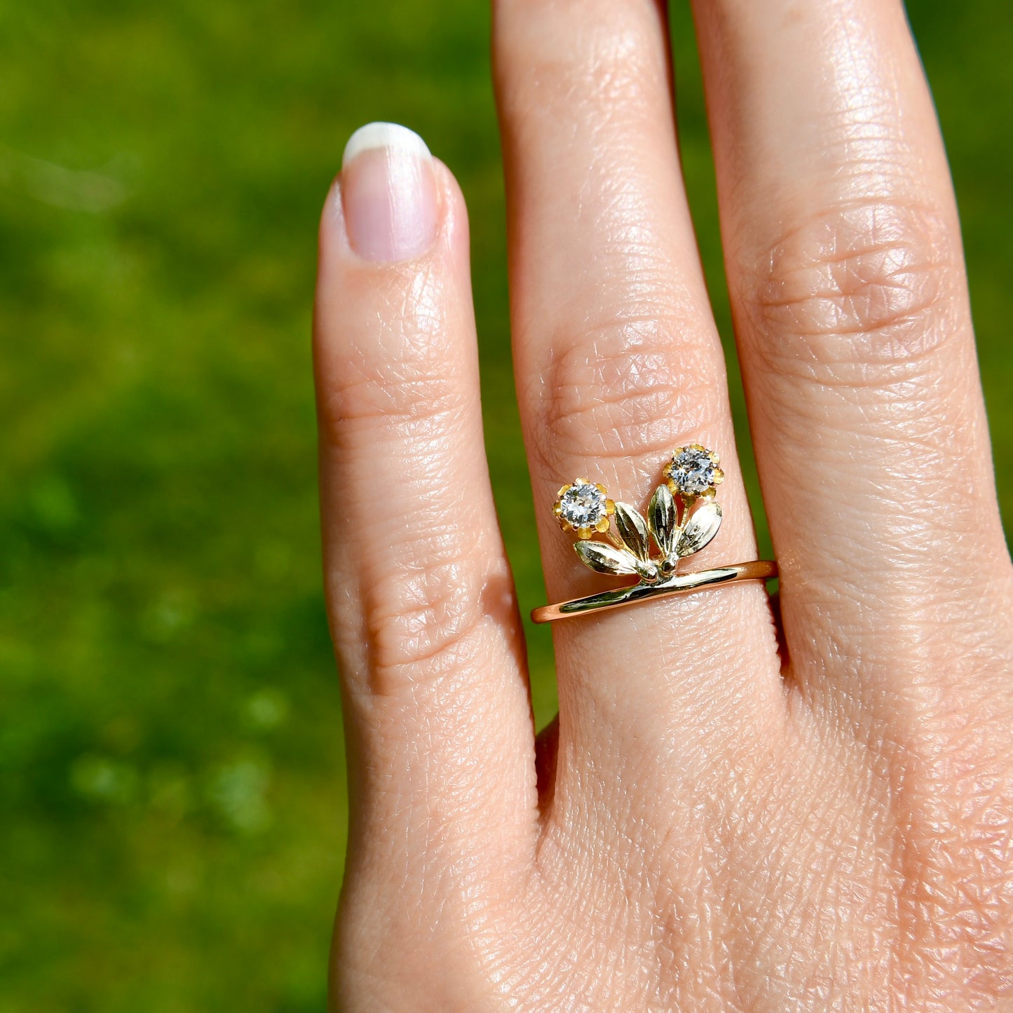 0.24 ct old European cut diamond double flower ring