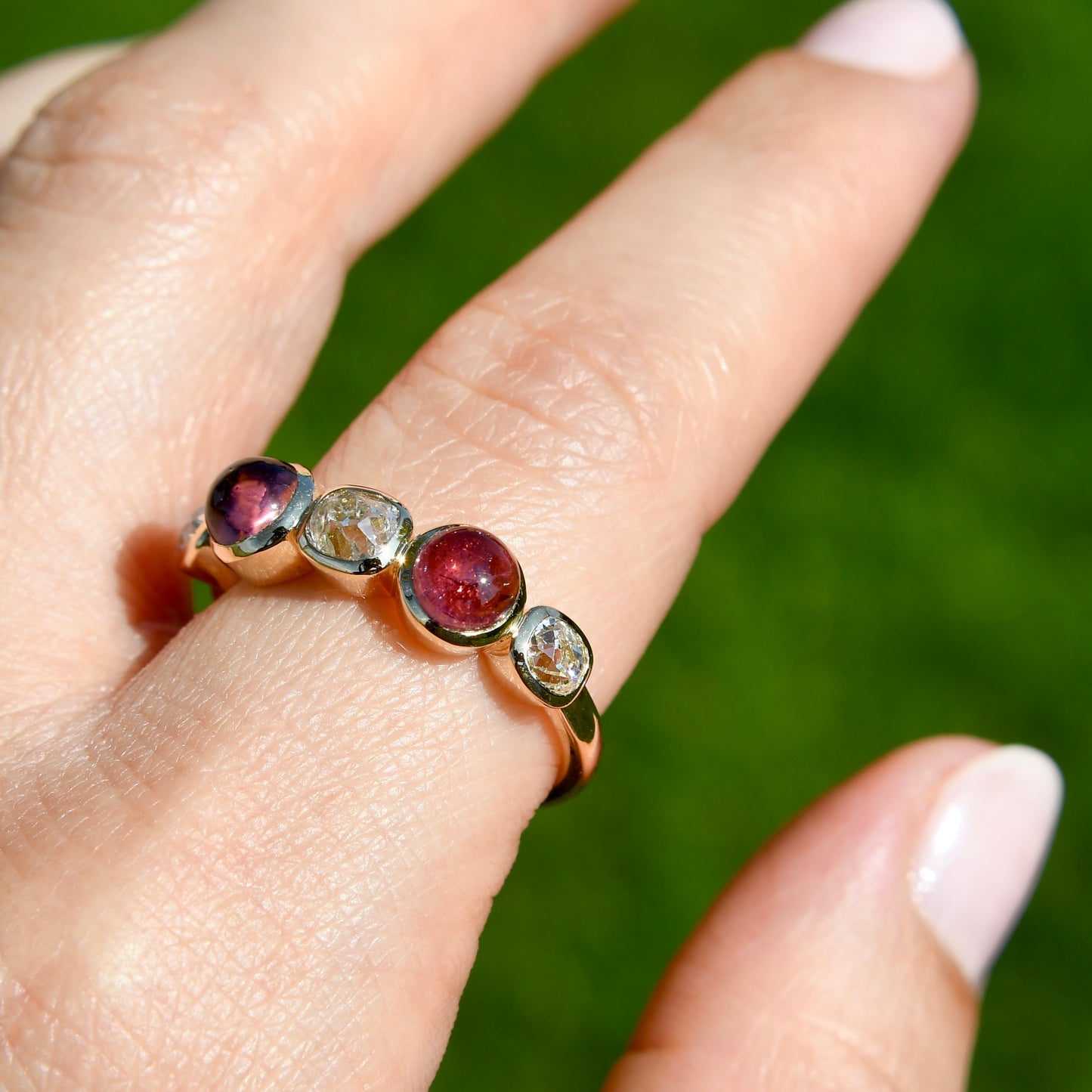 1.02 ct old mine cut diamond and tourmaline five stone ring