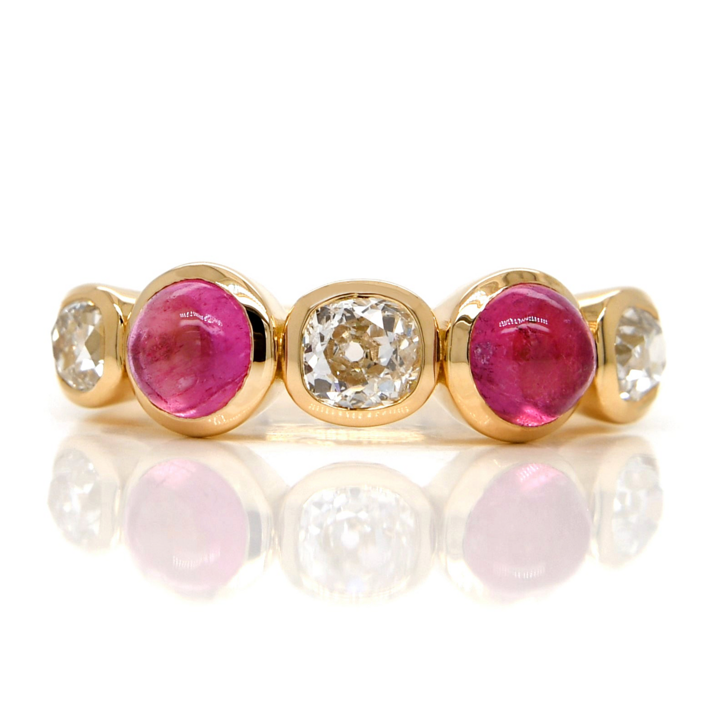 0.96 ct old mine cut diamond and tourmaline five stone ring