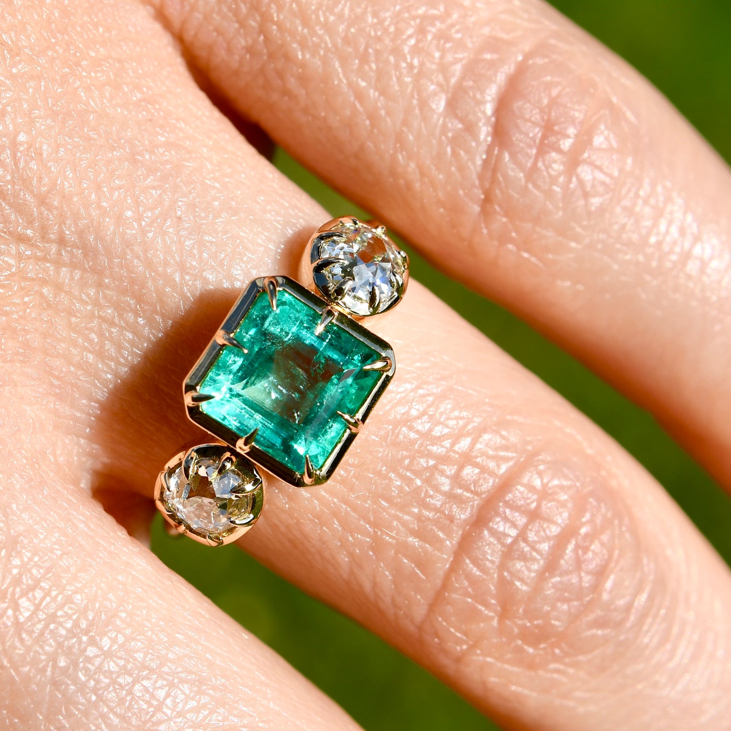 1.39 ct Colombian emerald and old mine cut diamond ring