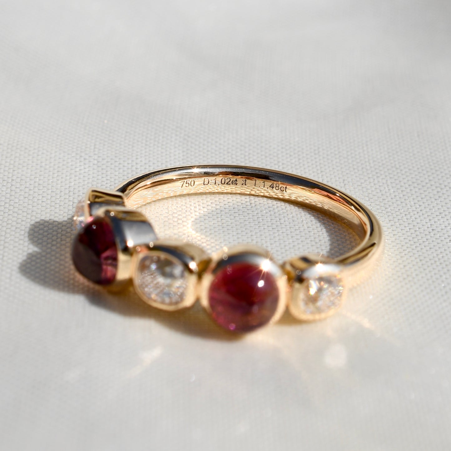 1.02 ct old mine cut diamond and tourmaline five stone ring