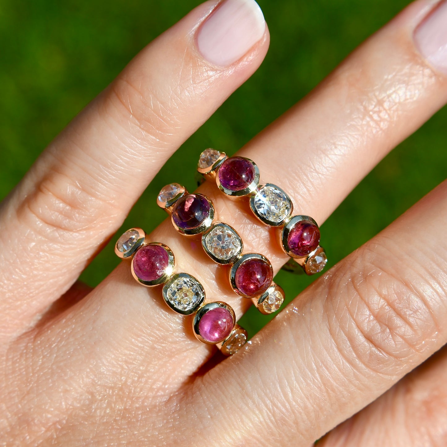 1.02 ct old mine cut diamond and tourmaline five stone ring