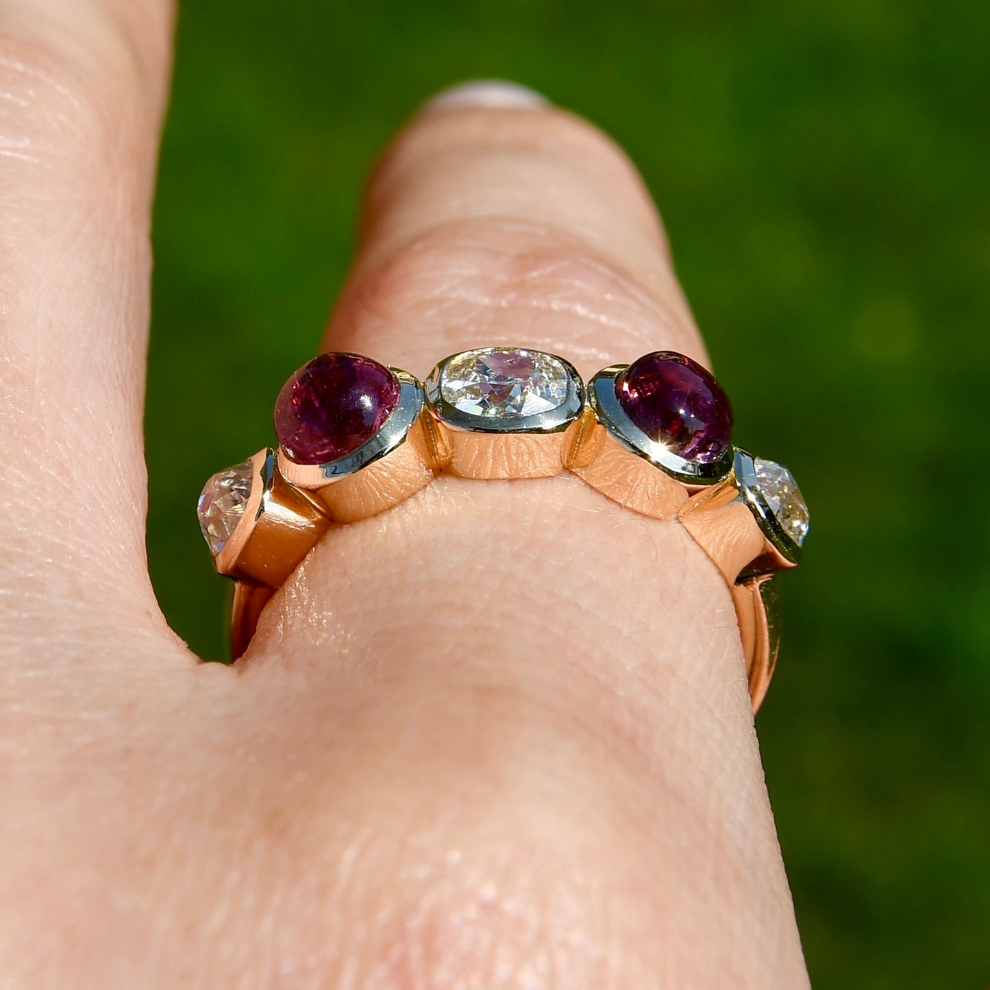 0.96 ct old mine cut diamond and tourmaline five stone ring
