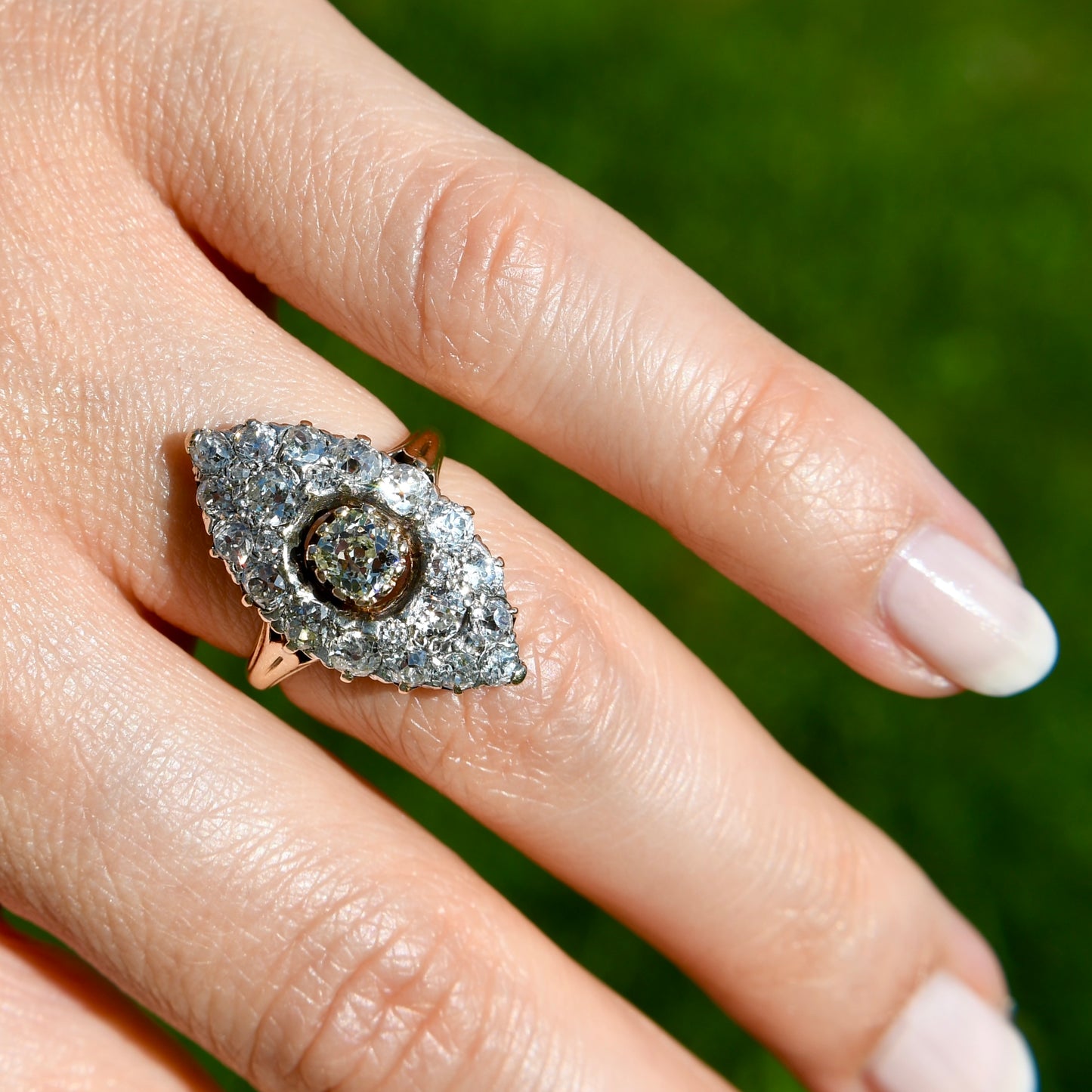 Installment 5/6 - Antique 1.75 ct old mine cut diamond navette ring