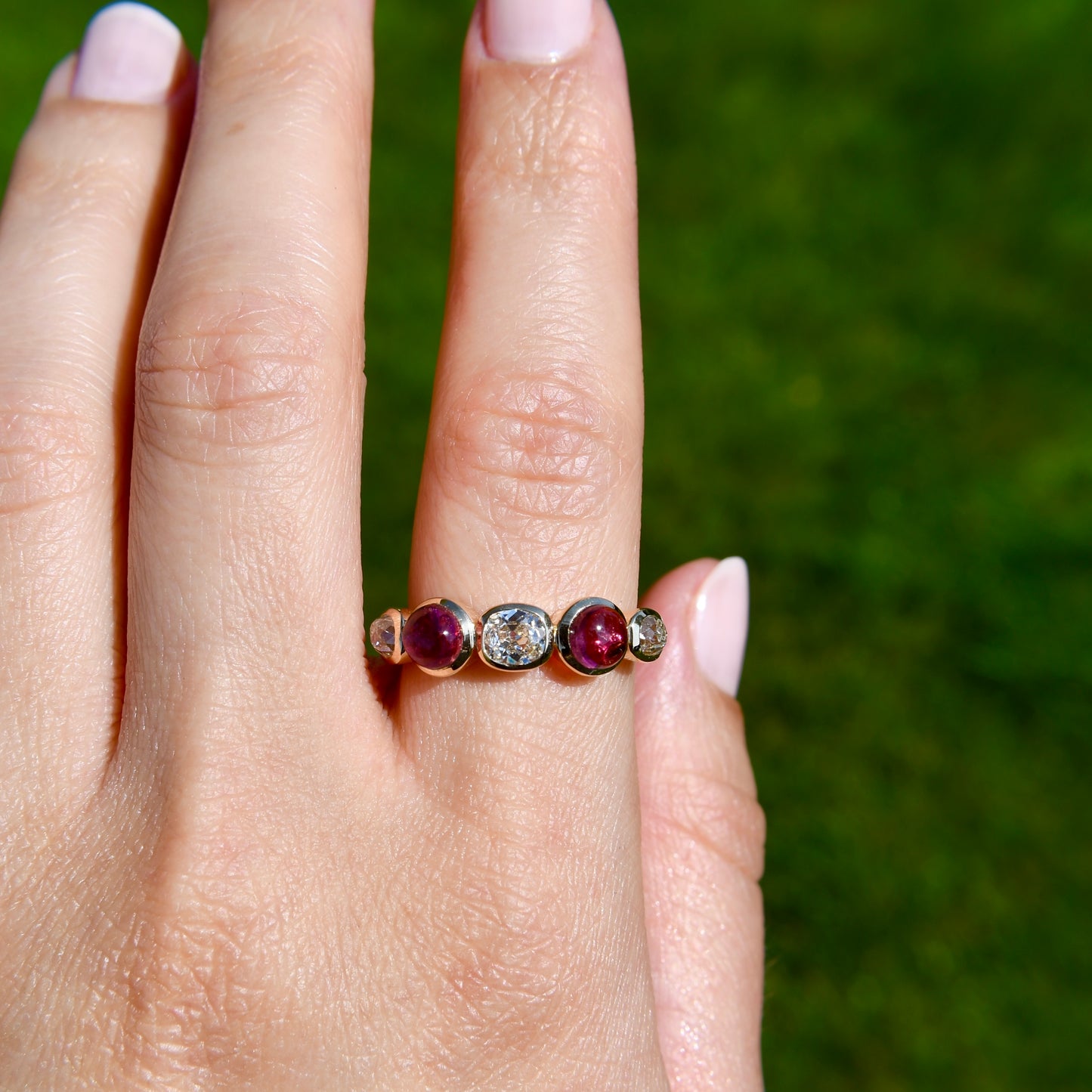 0.96 ct old mine cut diamond and tourmaline five stone ring