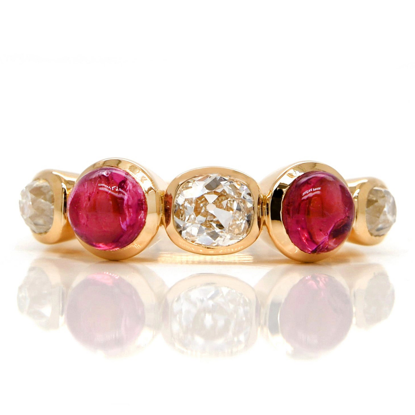 0.96 ct old mine cut diamond and tourmaline five stone ring