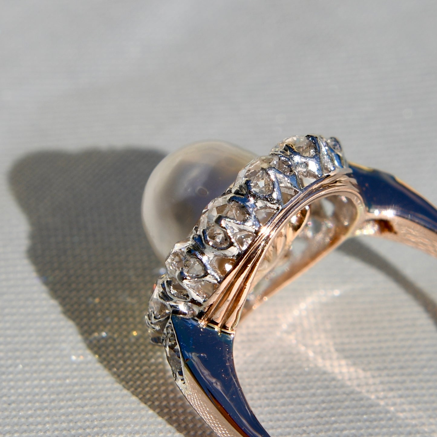 Antique Belle Époque natural pearl and 1.74 ct old European cut diamond daisy ring