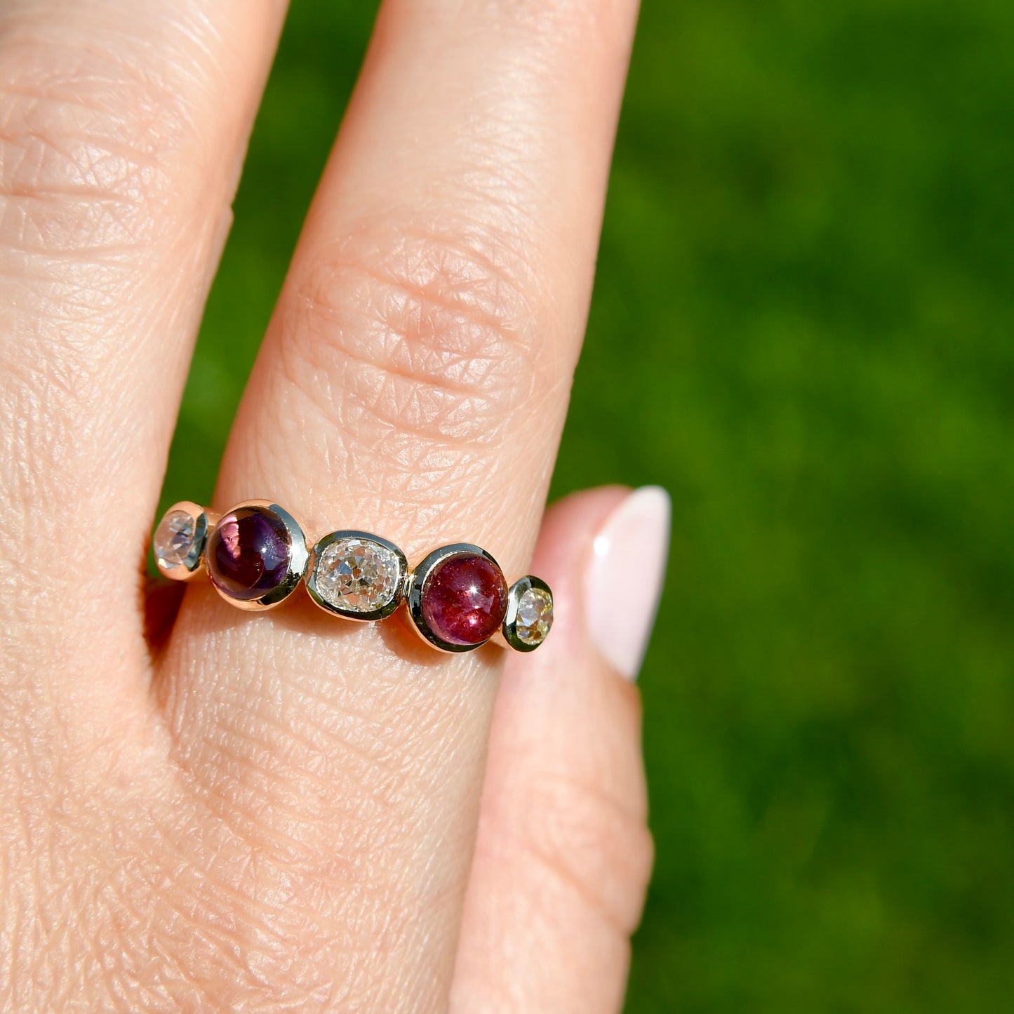 1.02 ct old mine cut diamond and tourmaline five stone ring