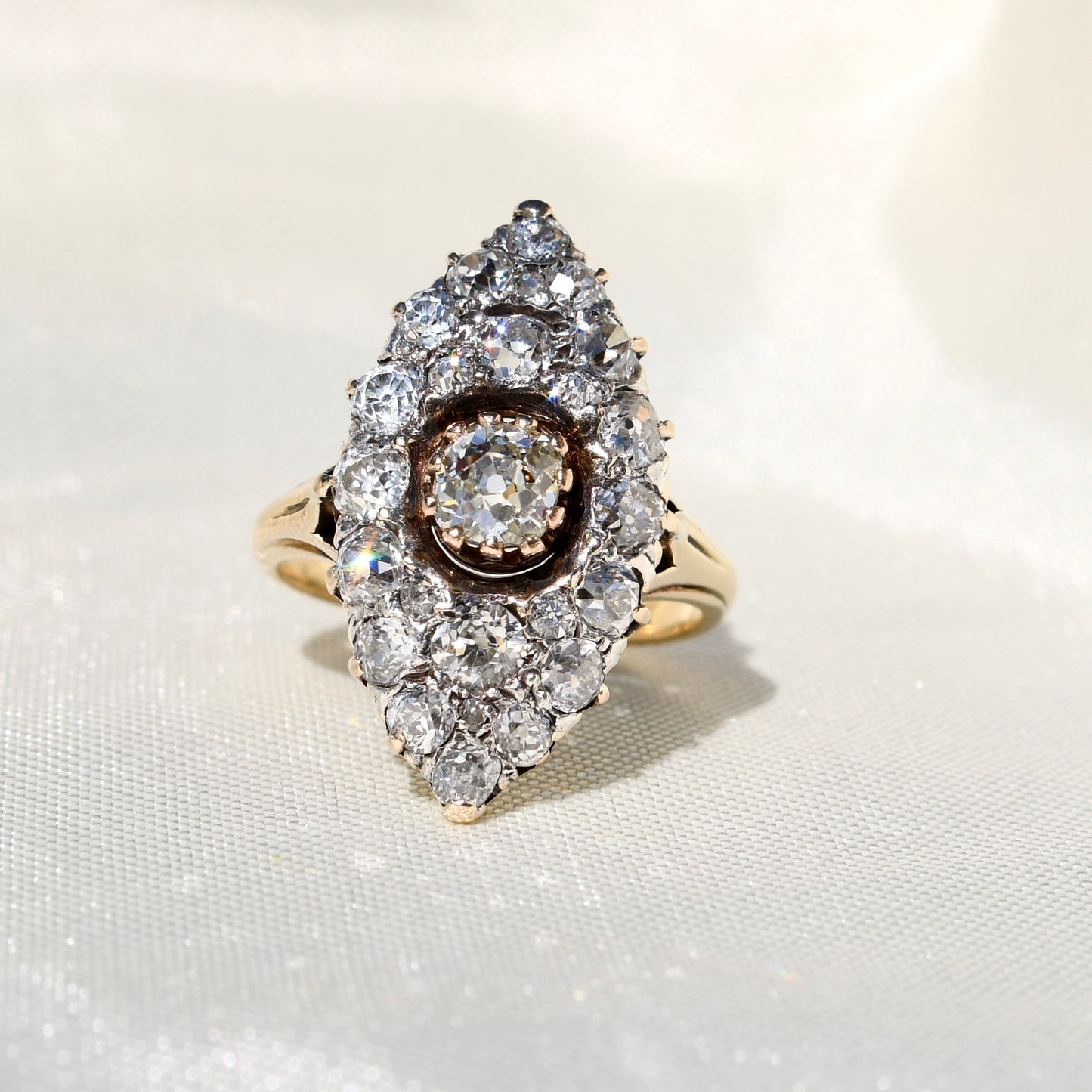 Installment 5/6 - Antique 1.75 ct old mine cut diamond navette ring