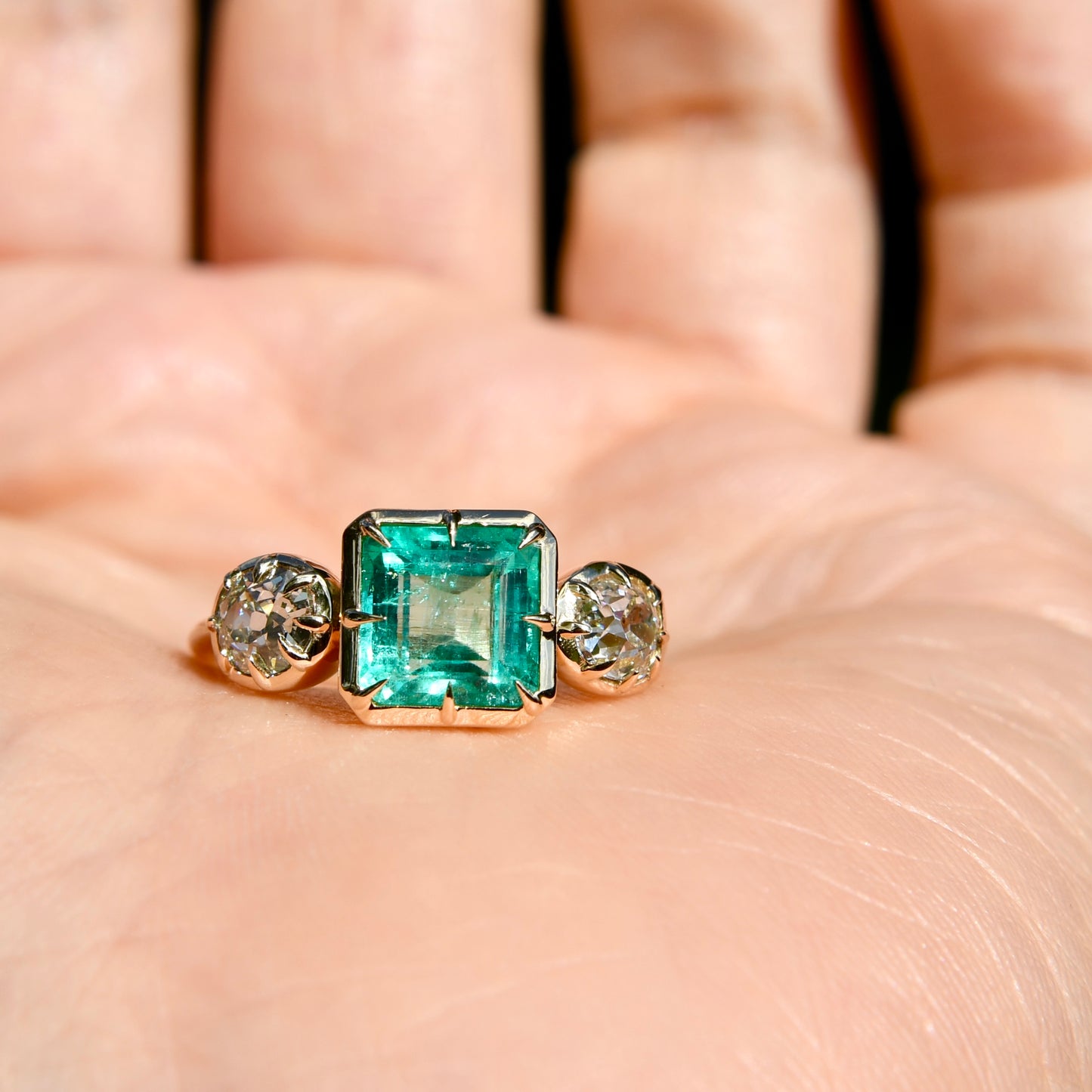 1.39 ct Colombian emerald and old mine cut diamond ring