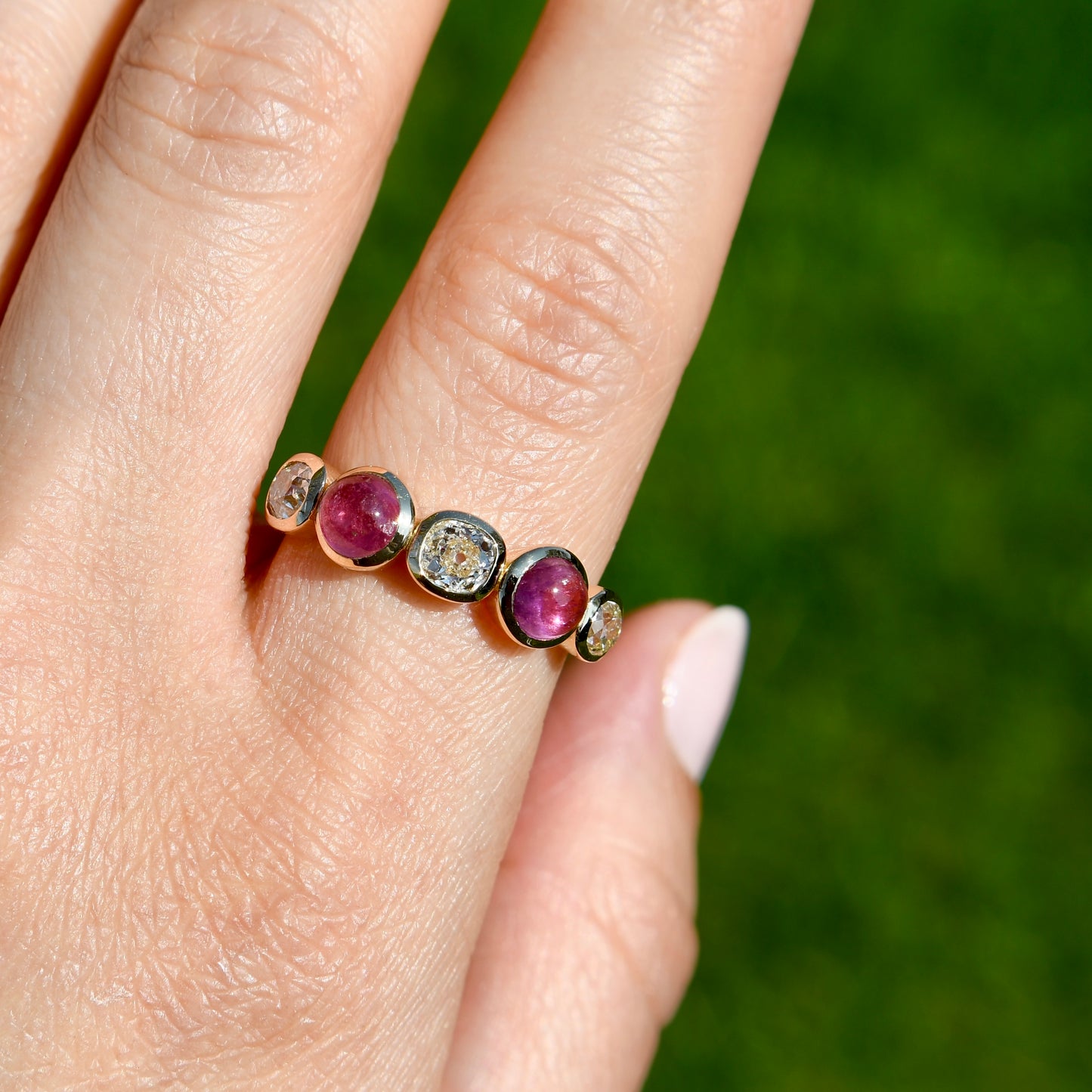 0.96 ct old mine cut diamond and tourmaline five stone ring
