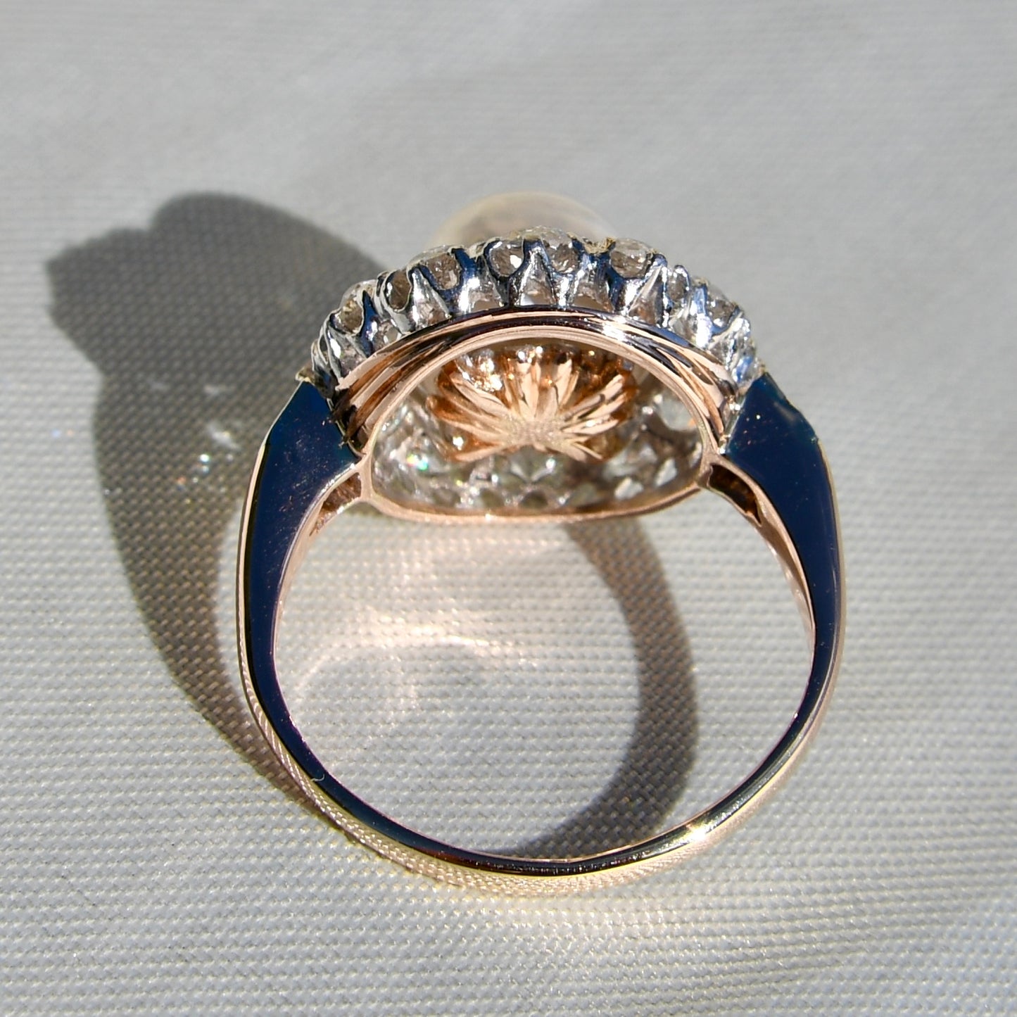Antique Belle Époque natural pearl and 1.74 ct old European cut diamond daisy ring