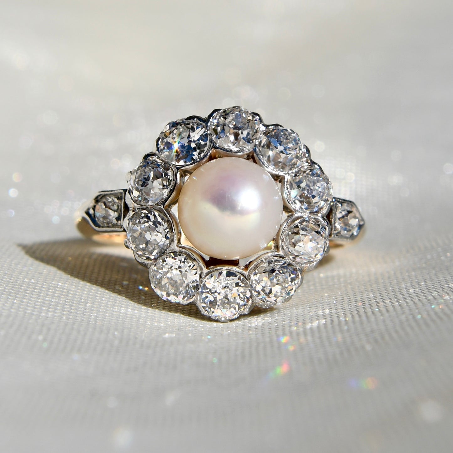 Antique Belle Époque natural pearl and 1.36 ct old European cut diamond daisy ring