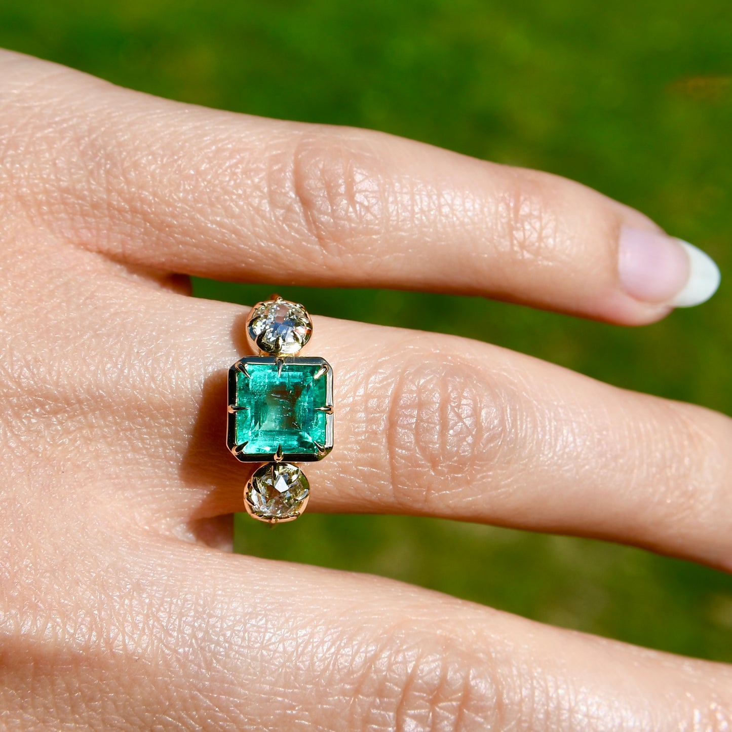 1.39 ct Colombian emerald and old mine cut diamond ring