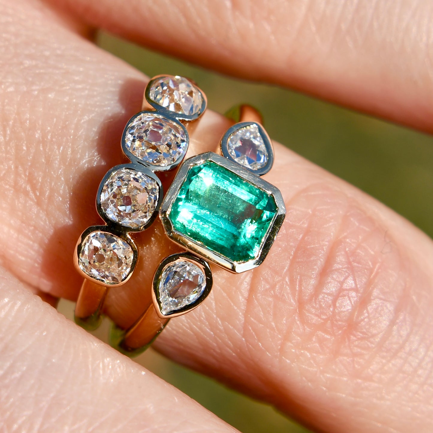 0.91 ct Colombian emerald and pear rose cut diamond three stone ring