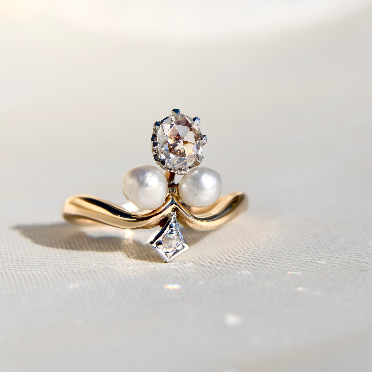 Antique 0.40 ct rose cut diamond and pearl tiara ring