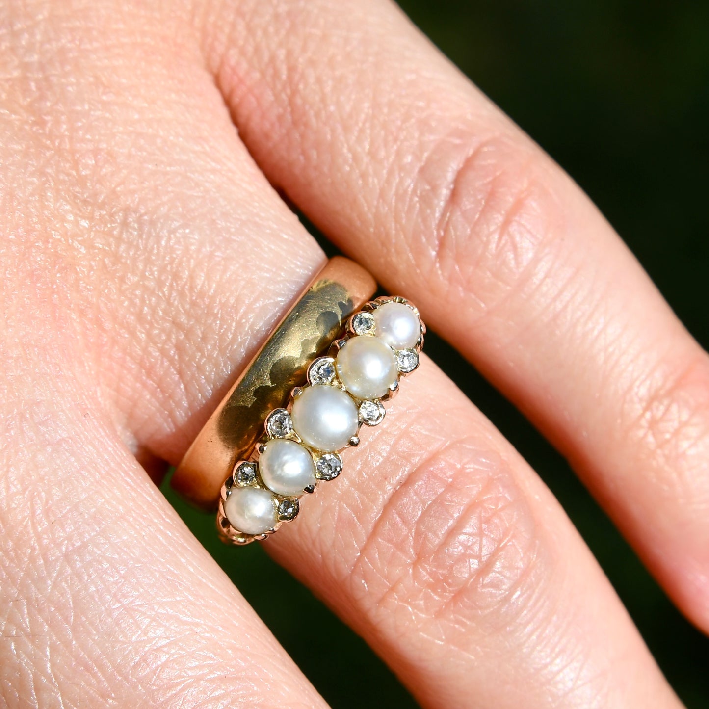 Antique natural pearl and diamond band ring
