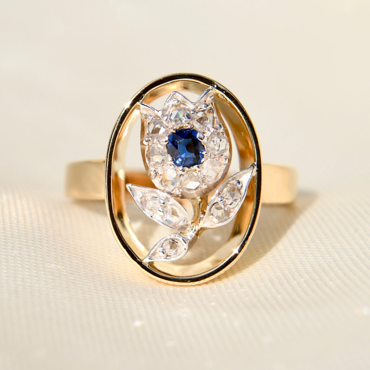 Sapphire and rose cut diamond tulip ring