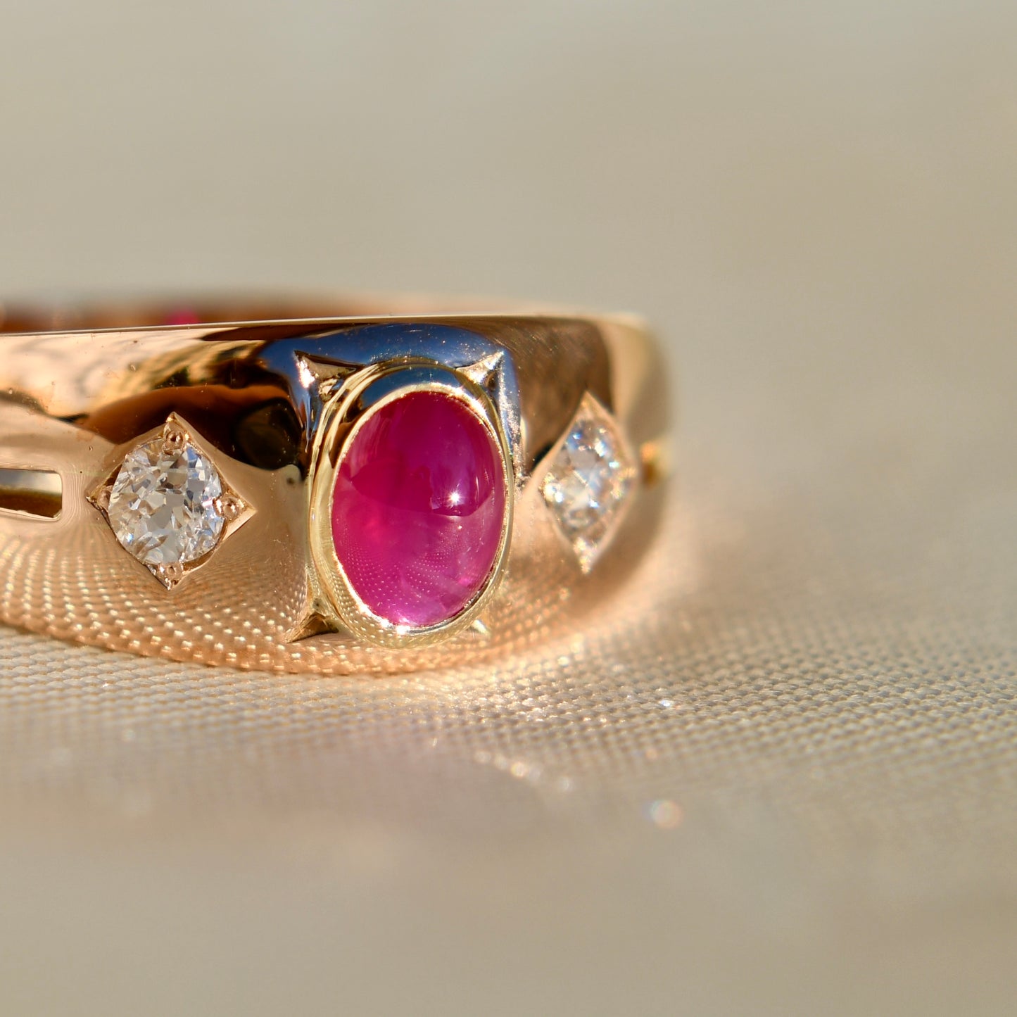 Installment 2/3 - Old mine cut diamond and ruby cabochon band ring