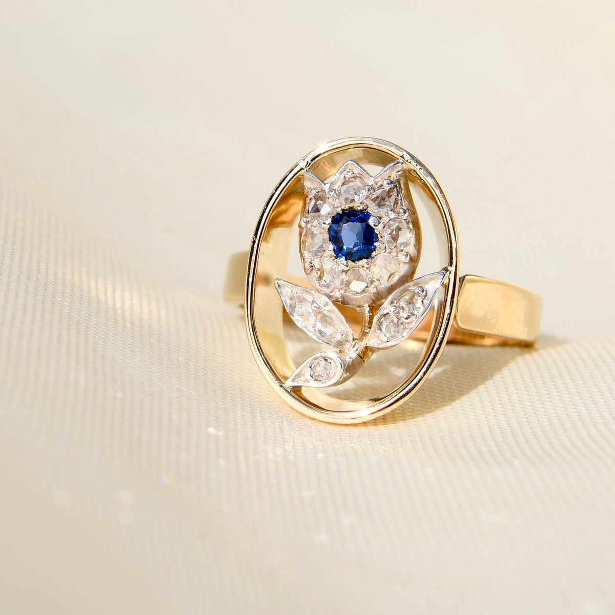 Sapphire and rose cut diamond tulip ring