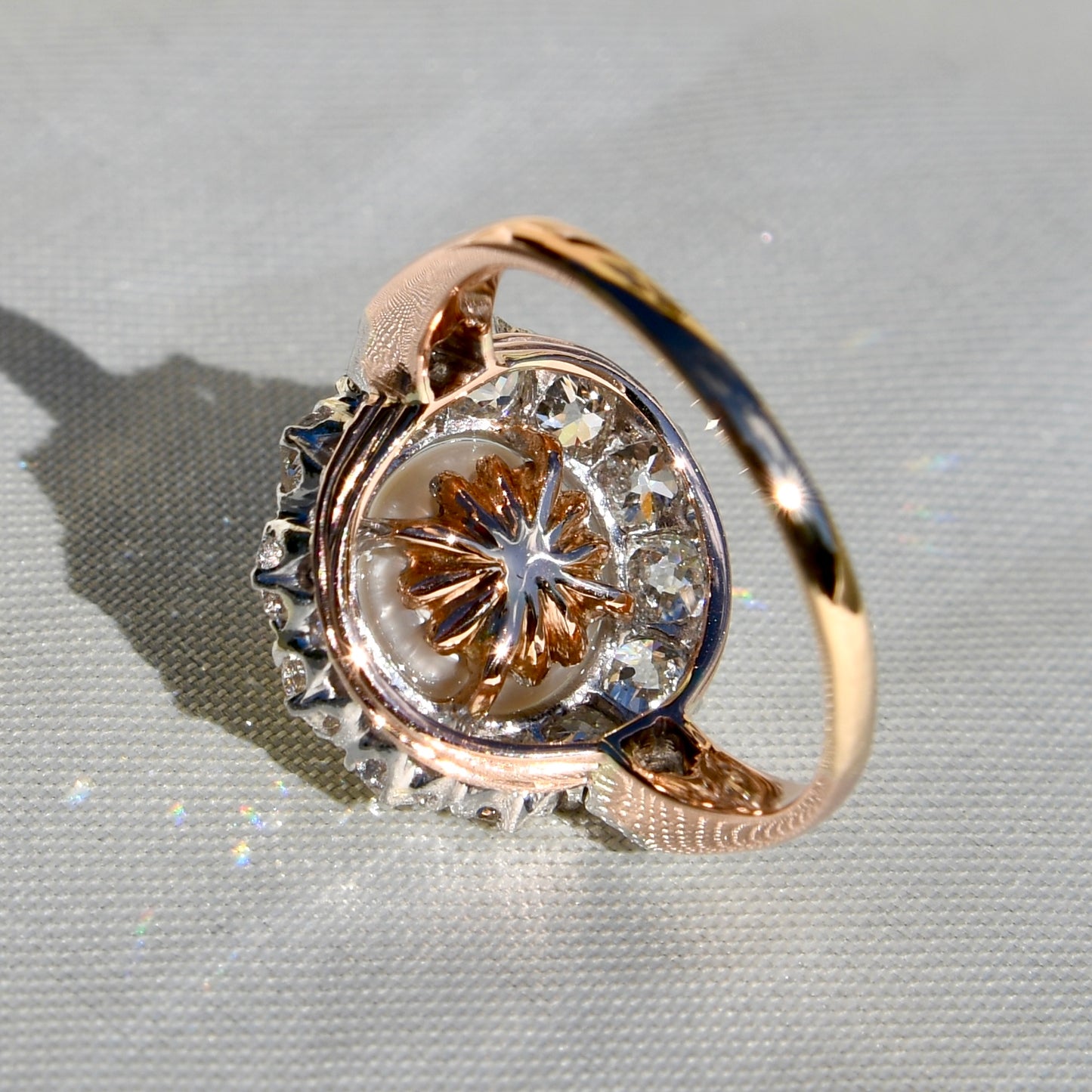 Antique Belle Époque natural pearl and 1.74 ct old European cut diamond daisy ring