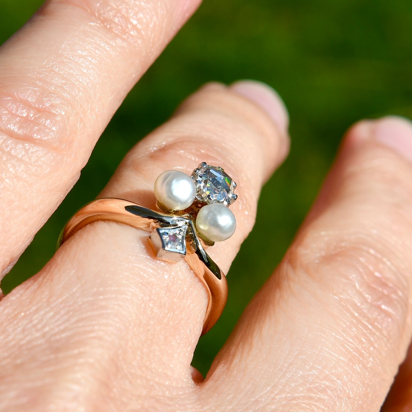 Antique 0.40 ct rose cut diamond and pearl tiara ring