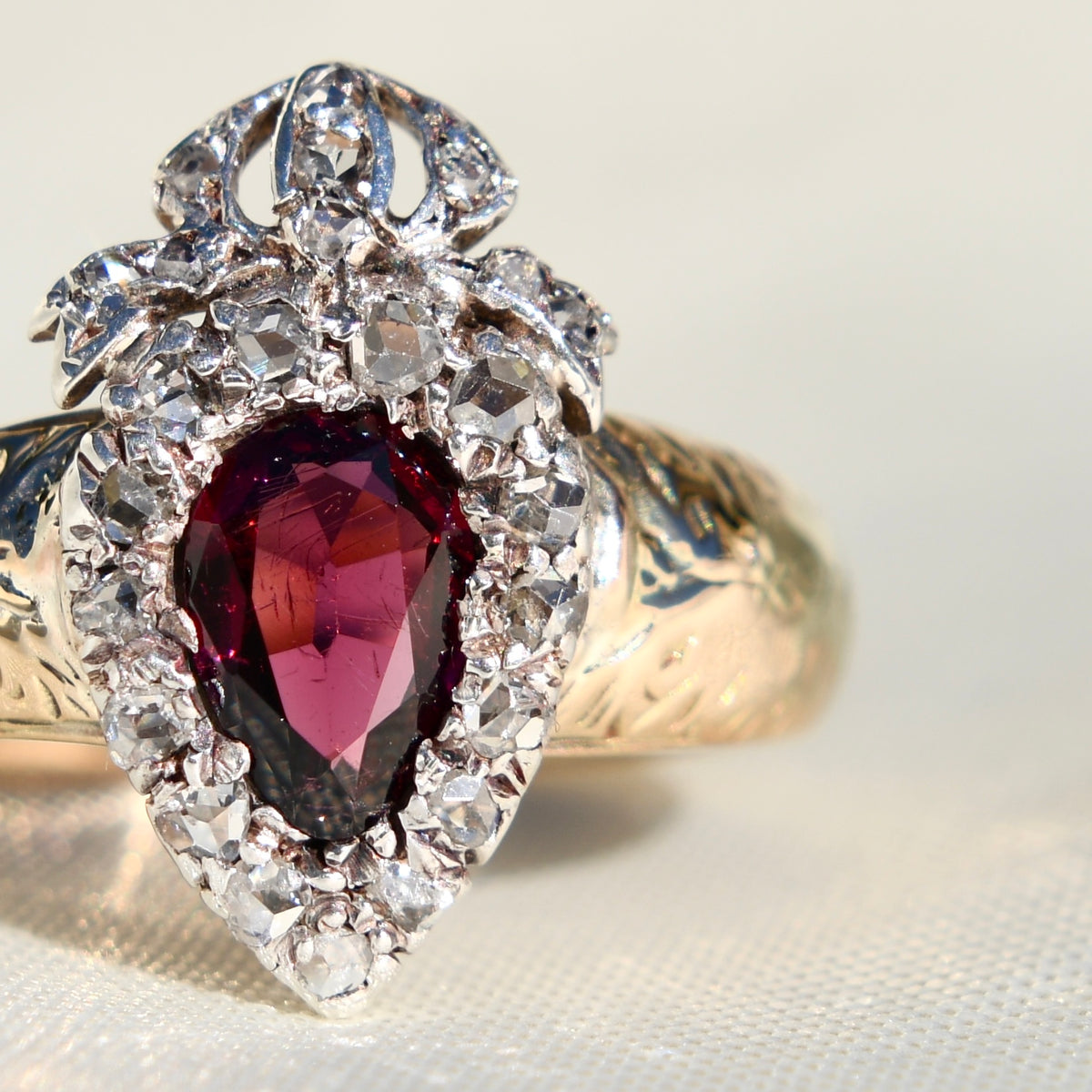 Antique Victorian crowned heart garnet and rose cut diamond ring