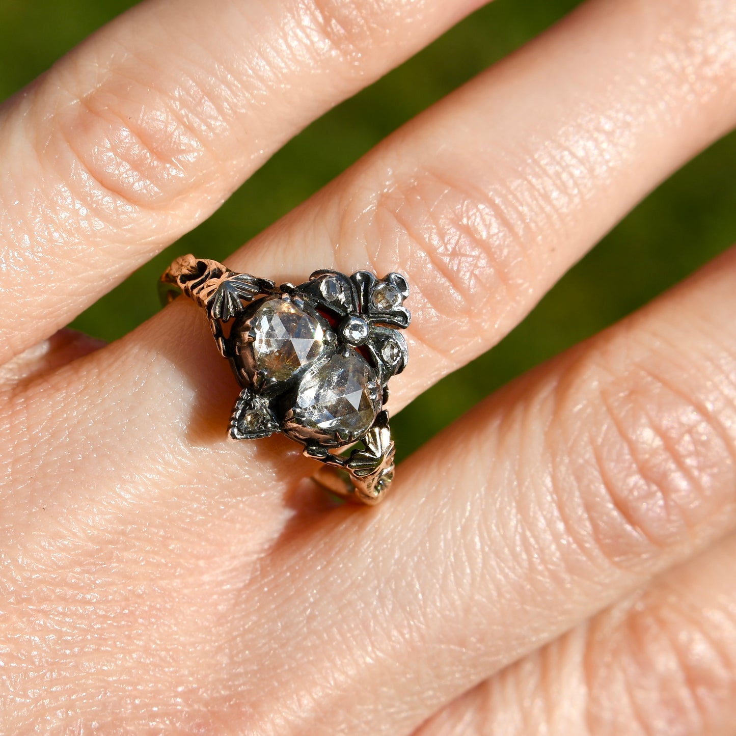 Antique Georgian rose cut diamond double heart ring, 18th century