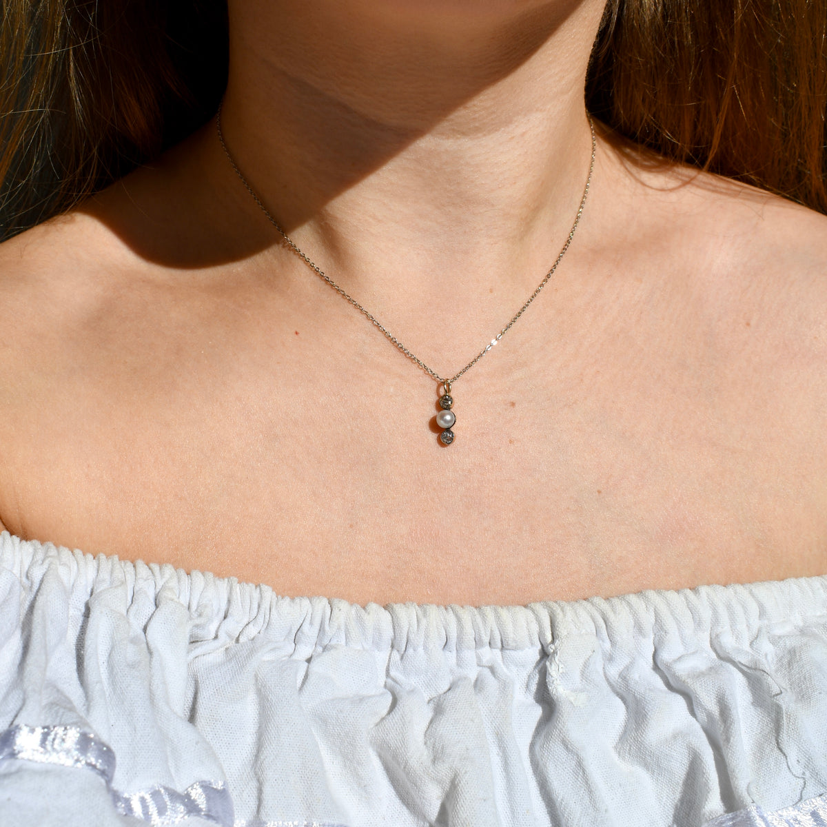 Antique pearl and 0.30 ct old mine cut diamond necklace