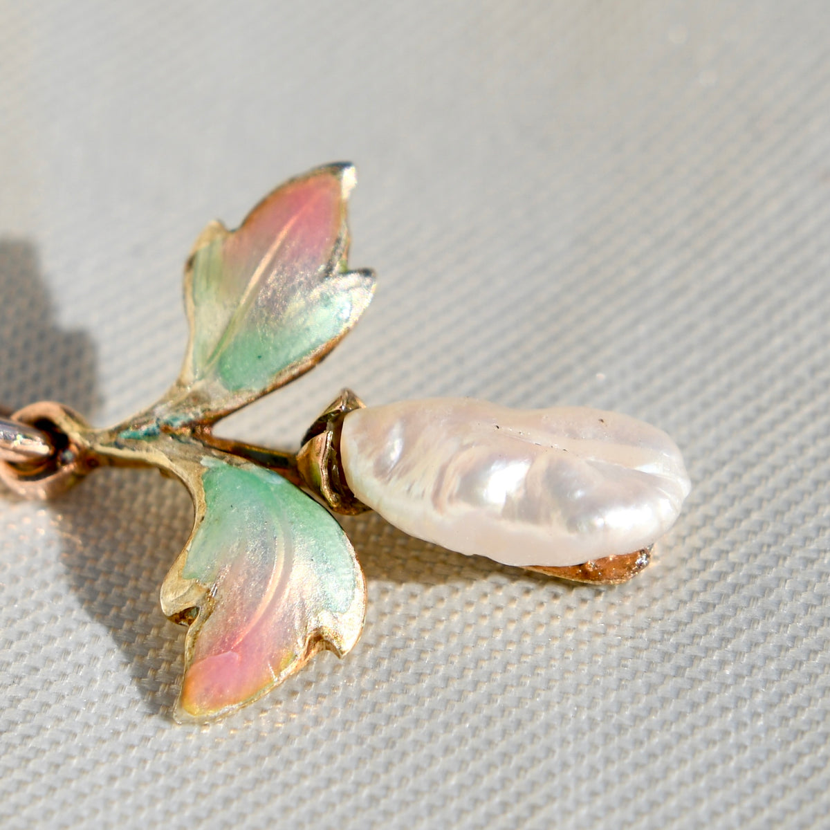Art Nouveau freshwater pearl and enamel Gingko leaf pendant