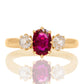 1.03 ct ruby and old mine cut diamond three stone ring