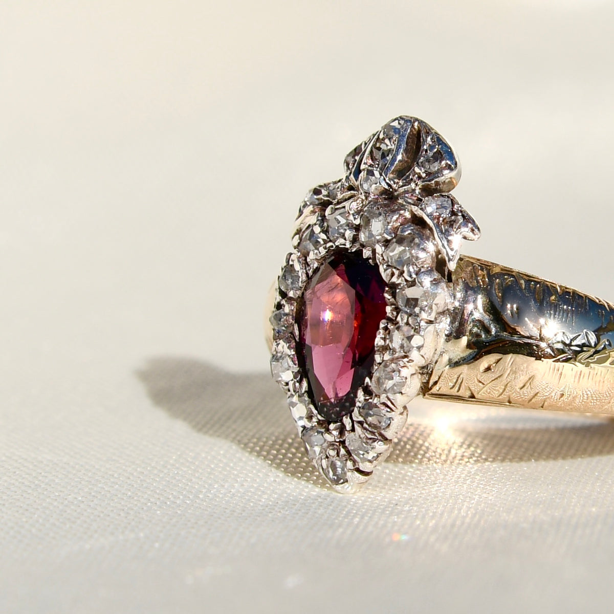Antique Victorian crowned heart garnet and rose cut diamond ring