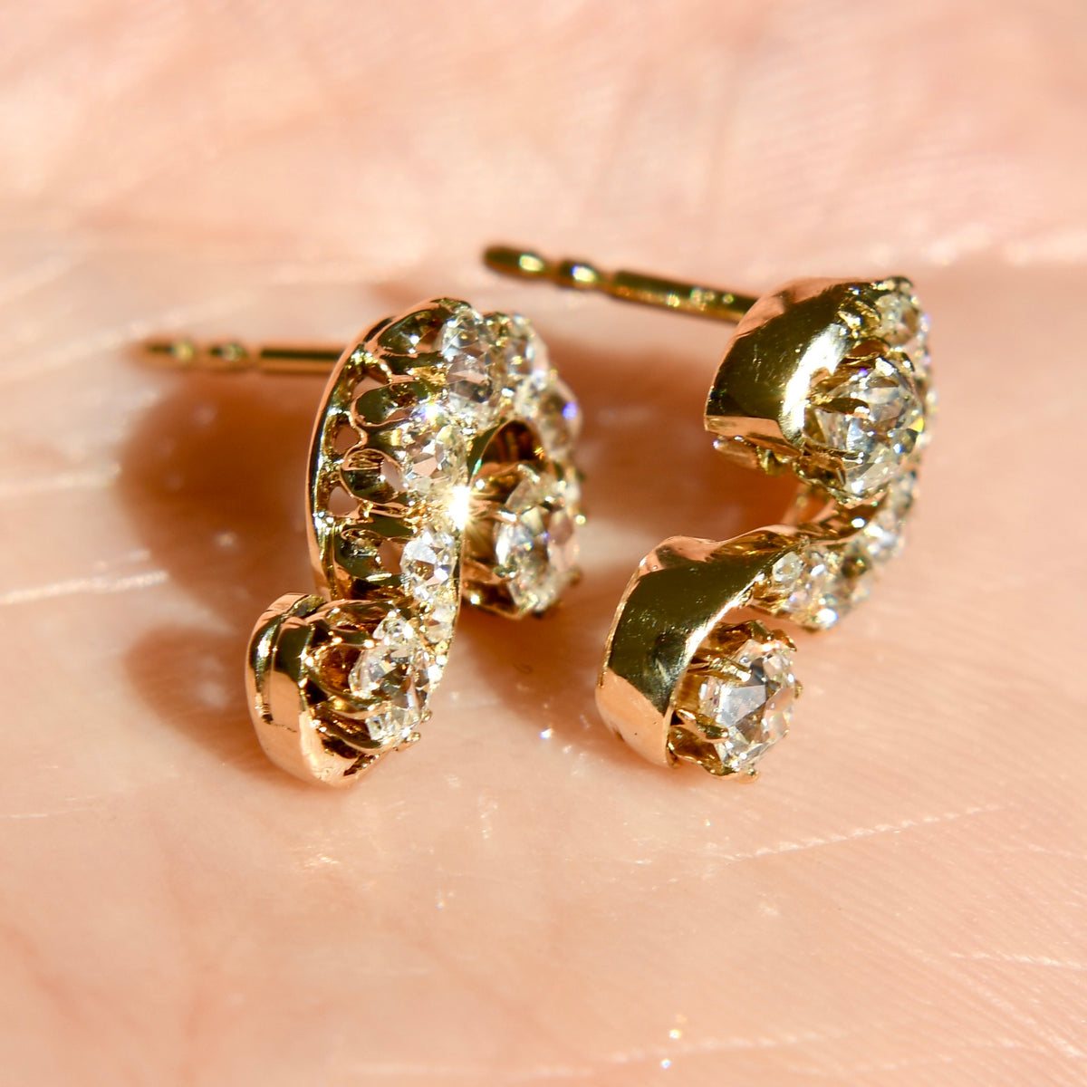 1.46 ct old mine cut diamond swirl stud earrings
