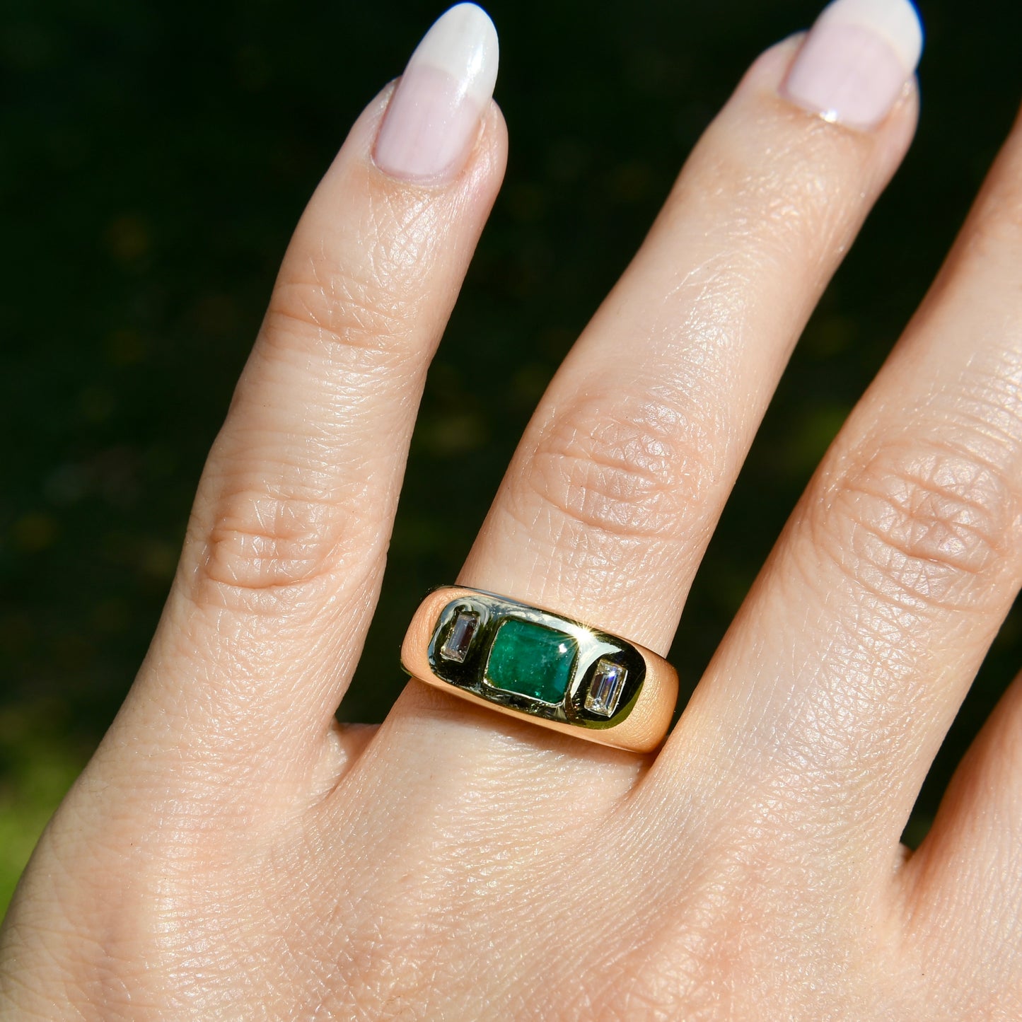 Vintage emerald and baguette cut diamond band ring