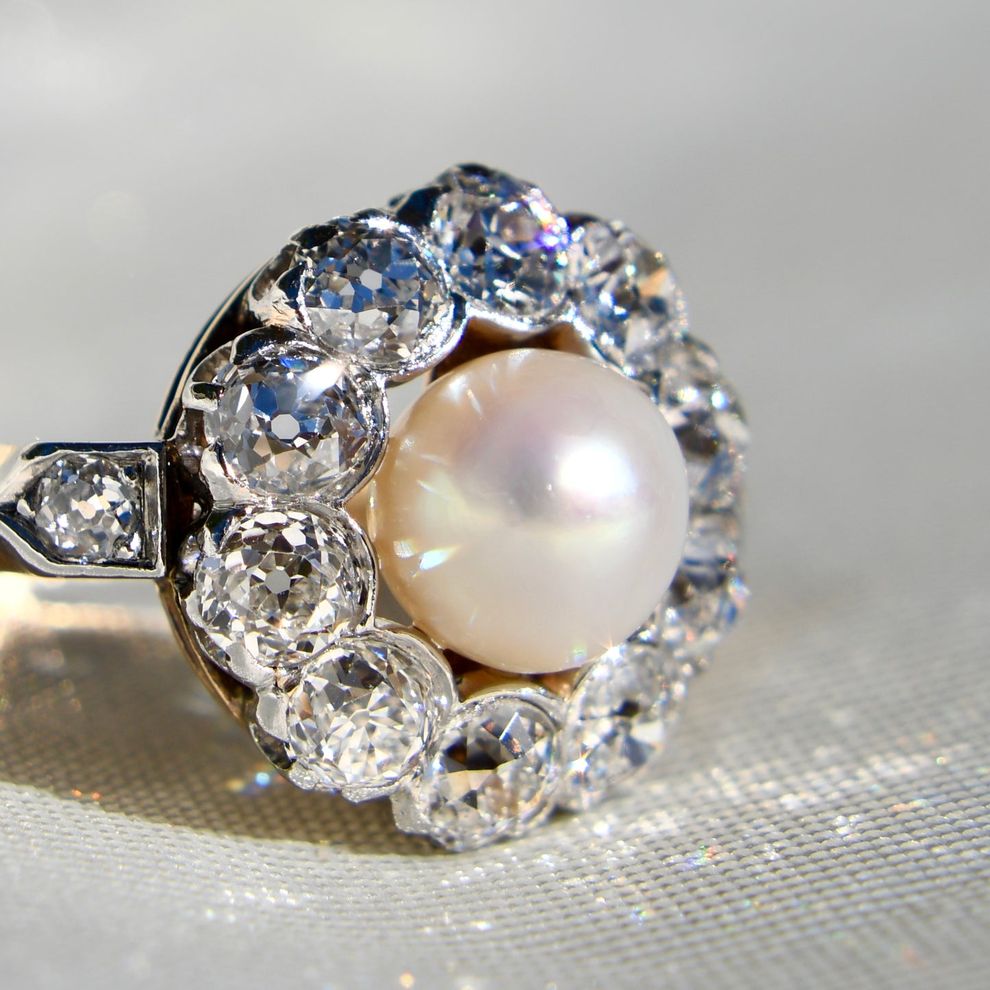 Antique Belle Époque natural pearl and 1.36 ct old European cut diamond daisy ring