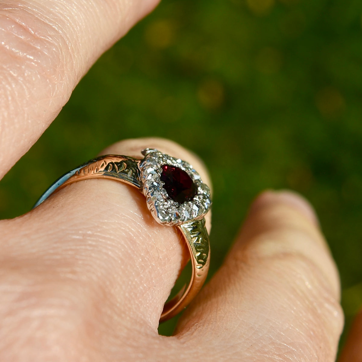 Antique Victorian crowned heart garnet and rose cut diamond ring