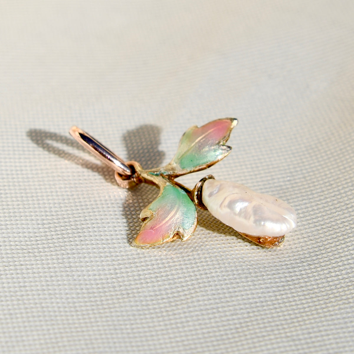 Art Nouveau freshwater pearl and enamel Gingko leaf pendant