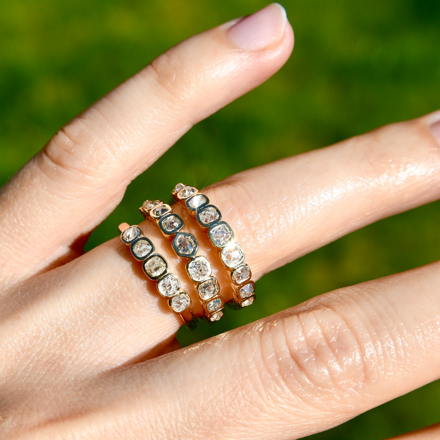 0.57 ct hexagonal, old mine and peruzzi cut diamond nine stone ring