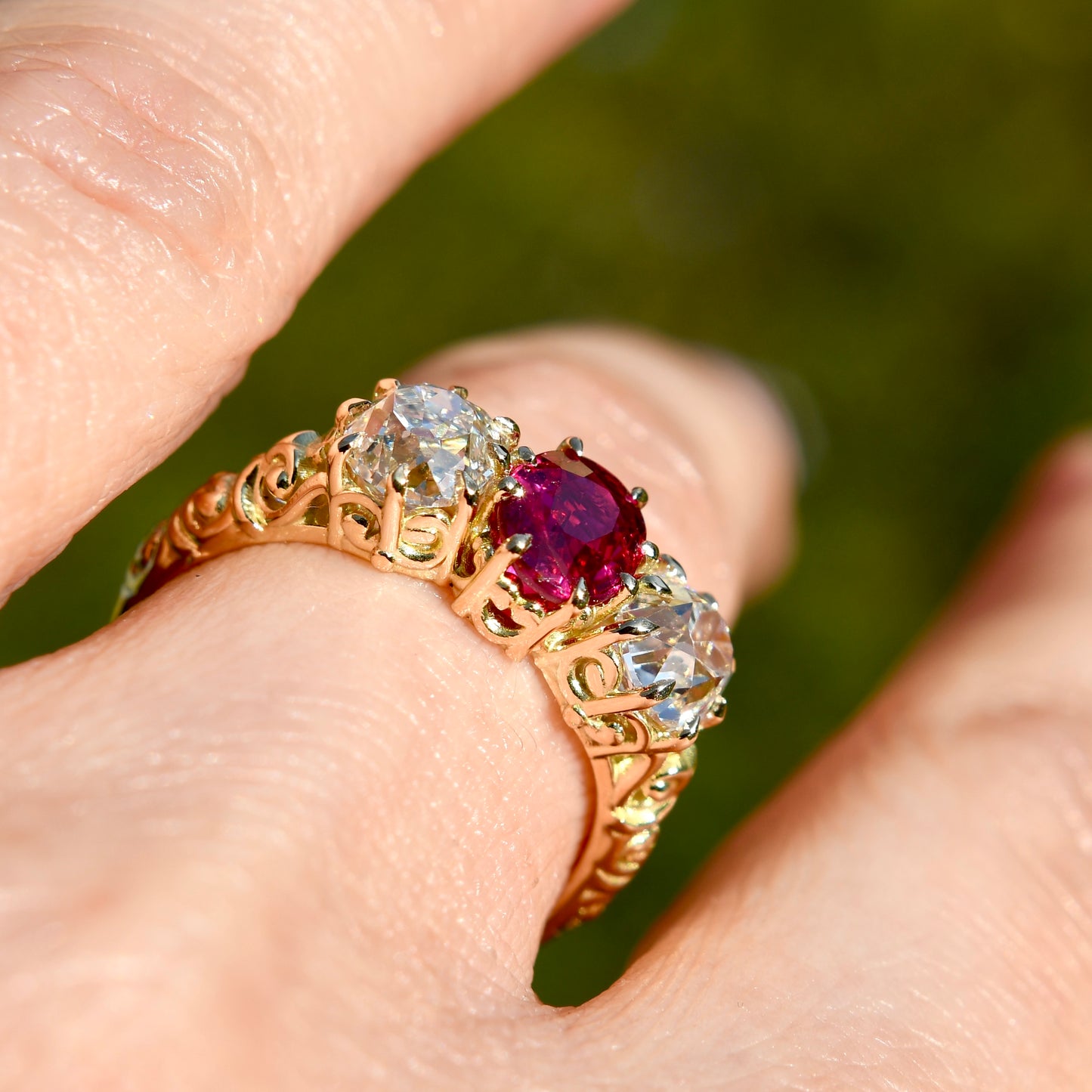 0.94 ct ruby and old mine cut diamond three stone ring