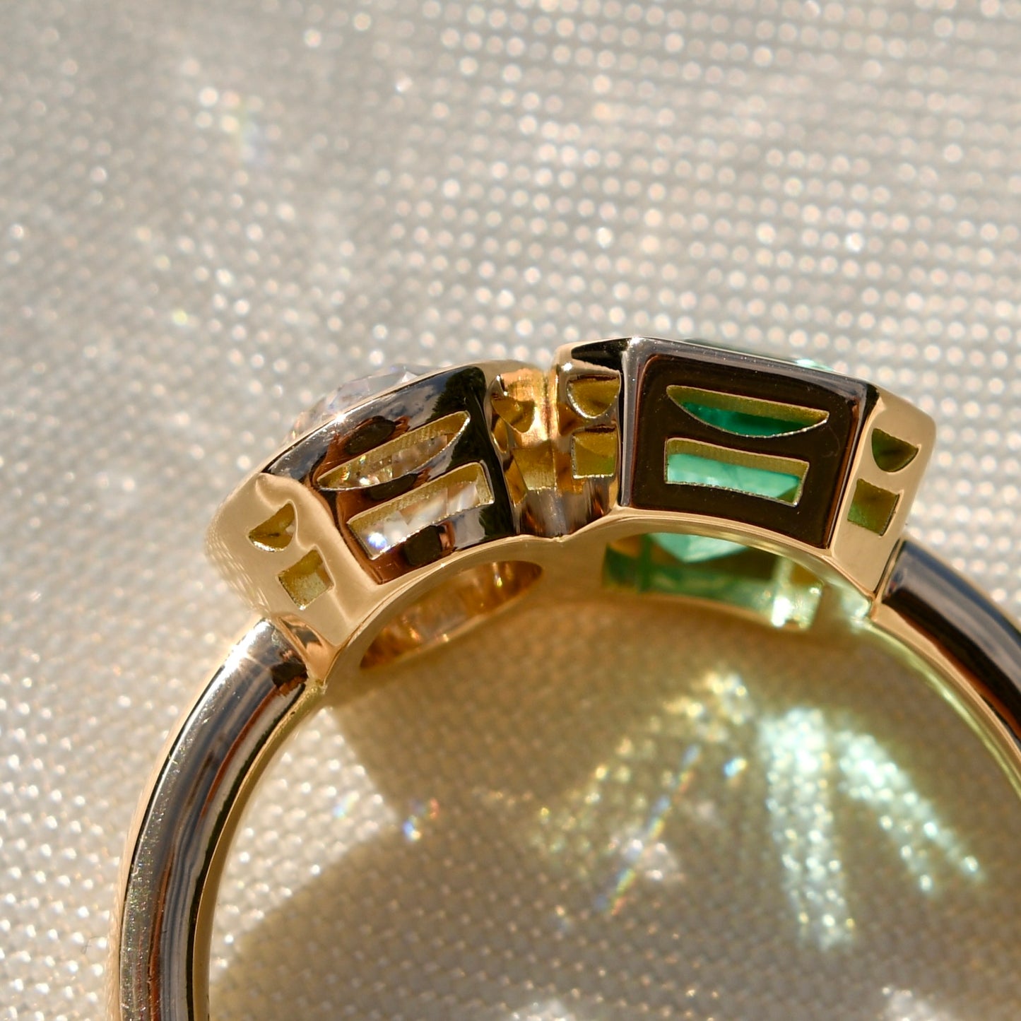 1.02 ct Colombian emerald and oval old mine cut diamond Toi et Moi ring