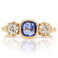 0.75 ct Ceylon sapphire and old mine cut diamond three stone ring
