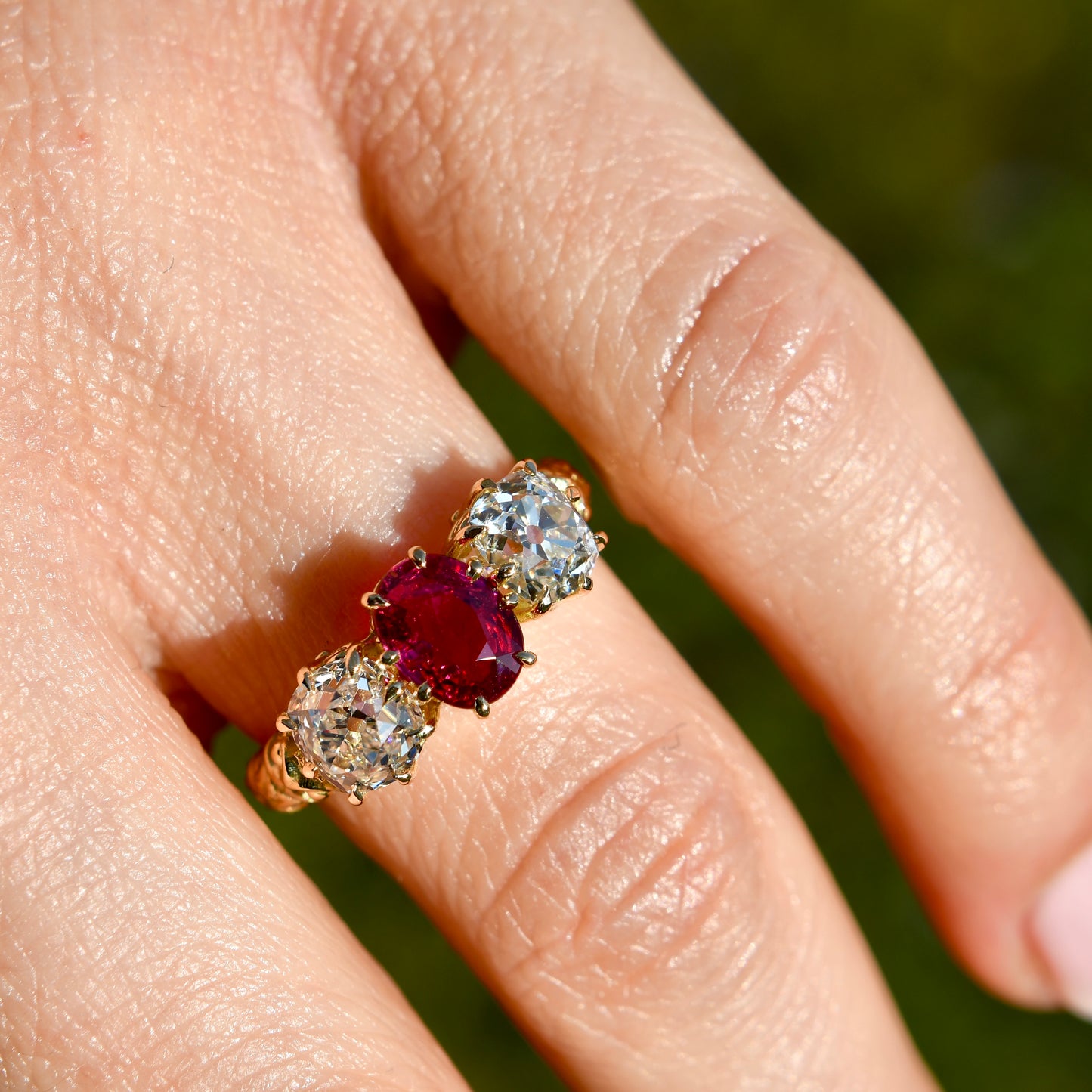 0.94 ct ruby and old mine cut diamond three stone ring