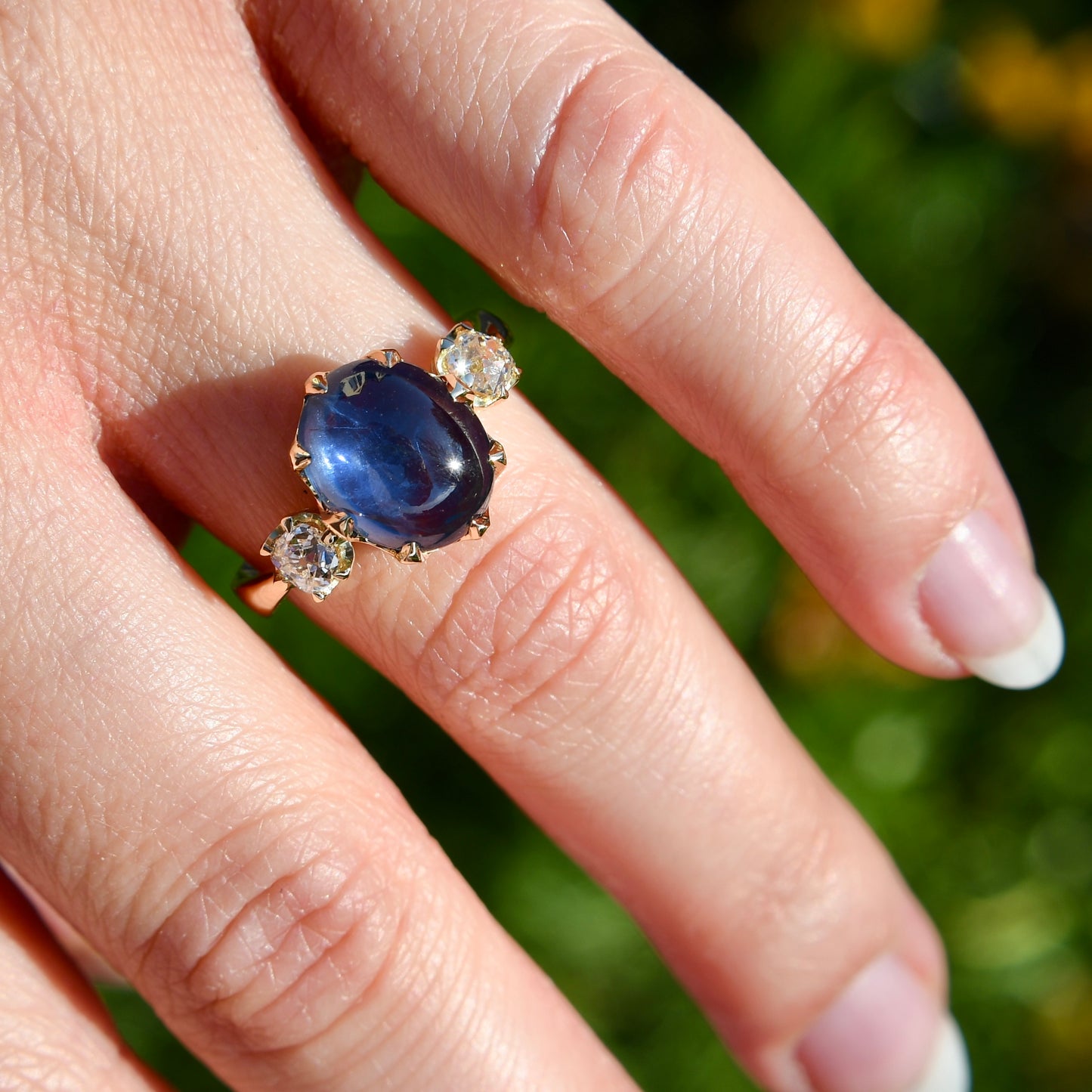 Installment 4/8 - 4.27 ct sapphire cabochon and old mine cut diamond three stone ring