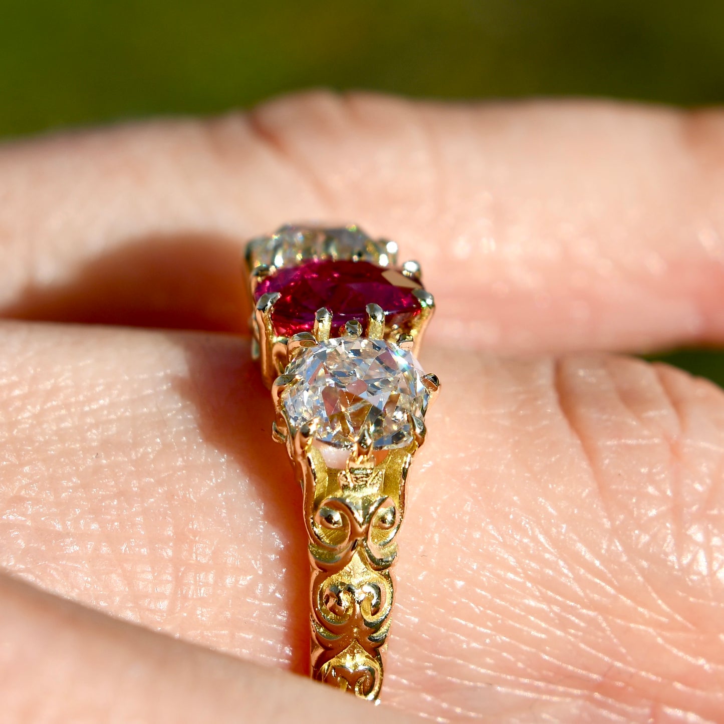 0.94 ct ruby and old mine cut diamond three stone ring