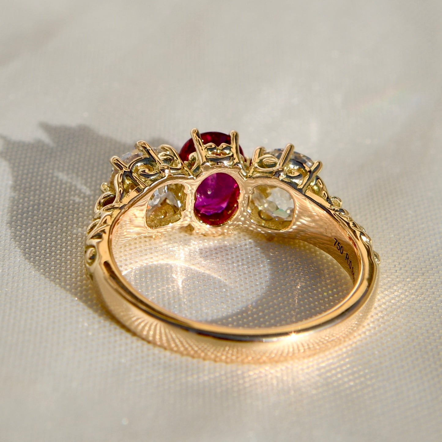 0.94 ct ruby and old mine cut diamond three stone ring