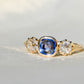 0.75 ct Ceylon sapphire and old mine cut diamond three stone ring