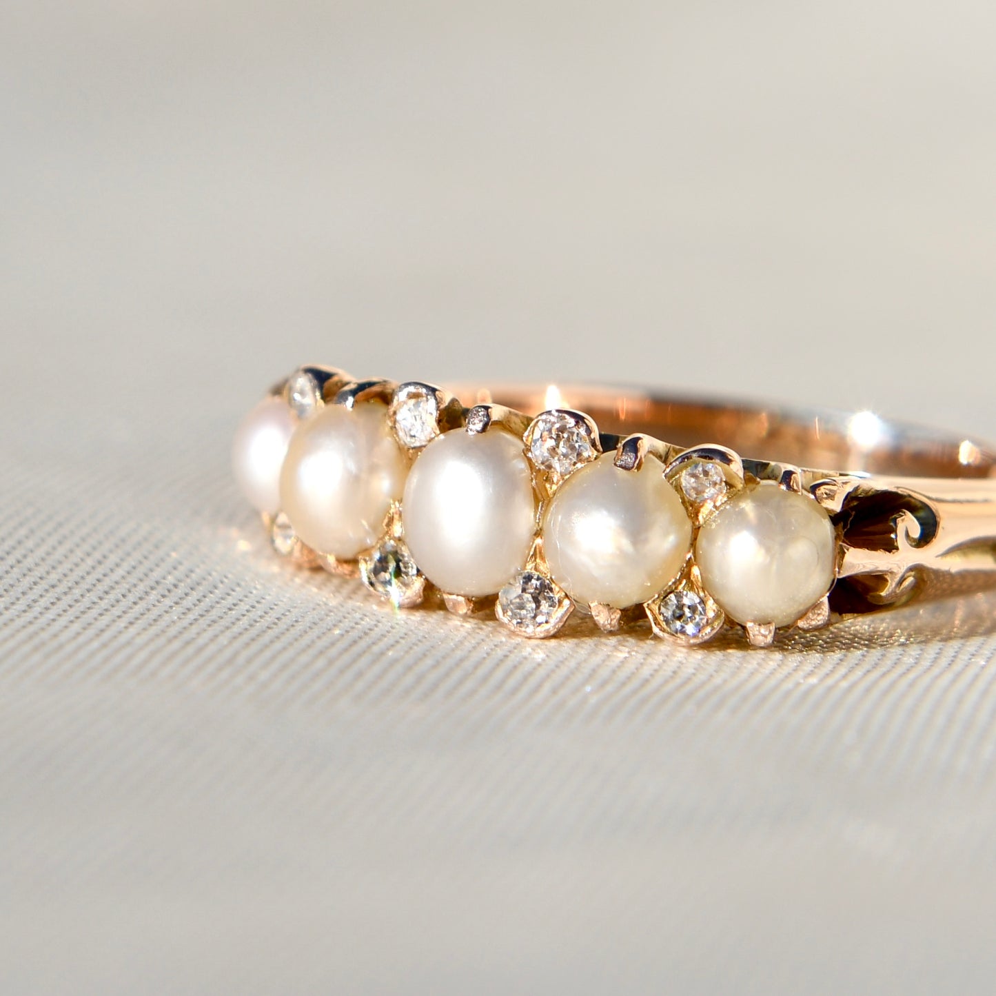 Antique natural pearl and diamond band ring