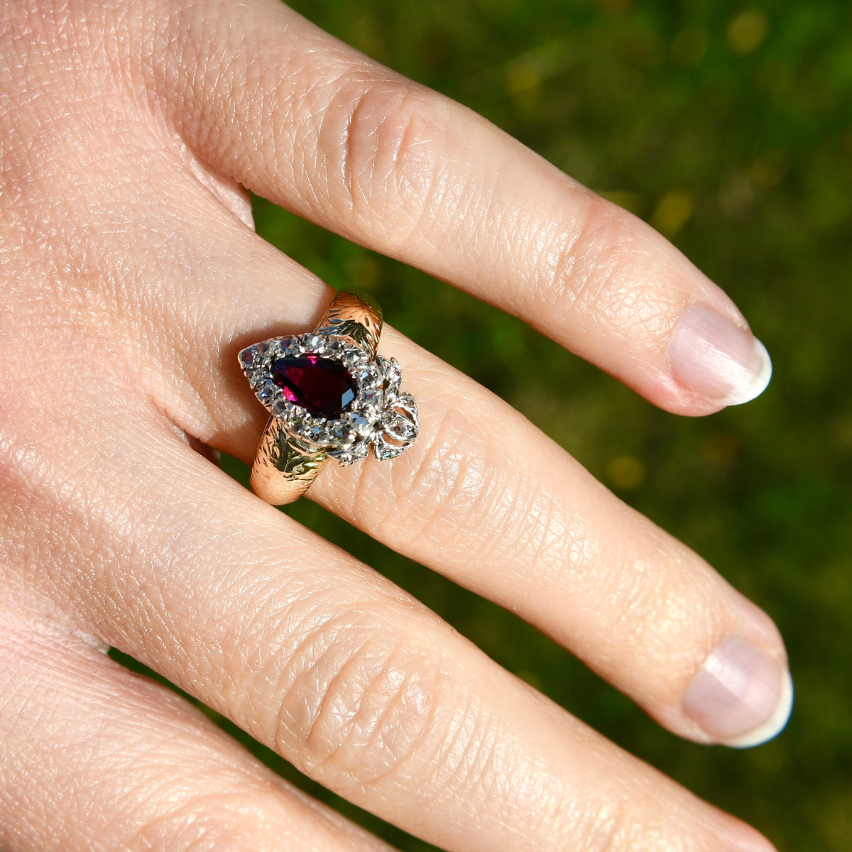 Antique Victorian crowned heart garnet and rose cut diamond ring